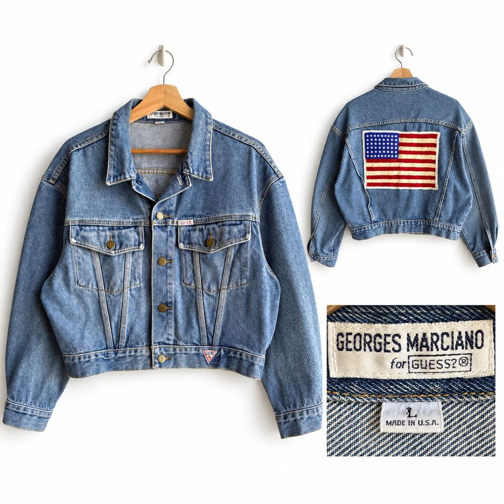 VTG 80's GUESS USA L Denim Jacket Georges Marciano Cropped Trucker Sequin Flag